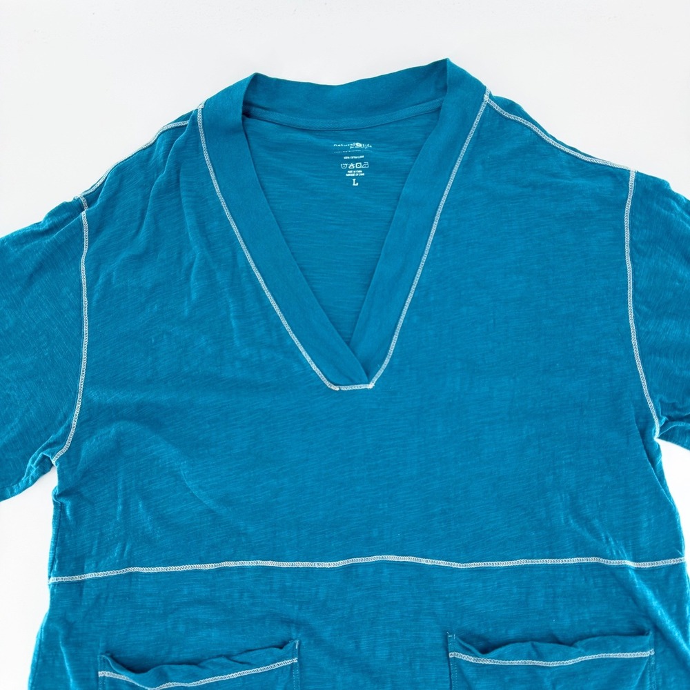 NATURAL LIFE Teal Cotton Tunic Dress Large V Neckline Pockets Contrast Stitch
